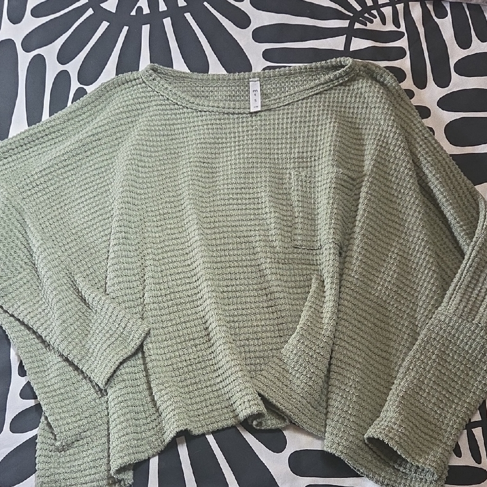 mts Light Olive Green Waffle Knit Scoop Neck Sweater
